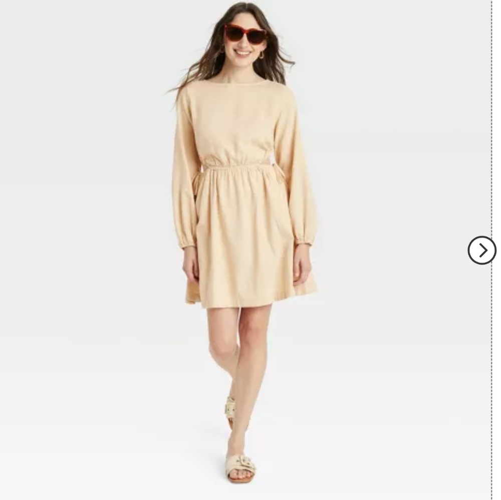 Universal Thread Balloon Long Sleeve Mini A Line Dress XS Tan Side Cut Out Linen - Picture 3 of 7